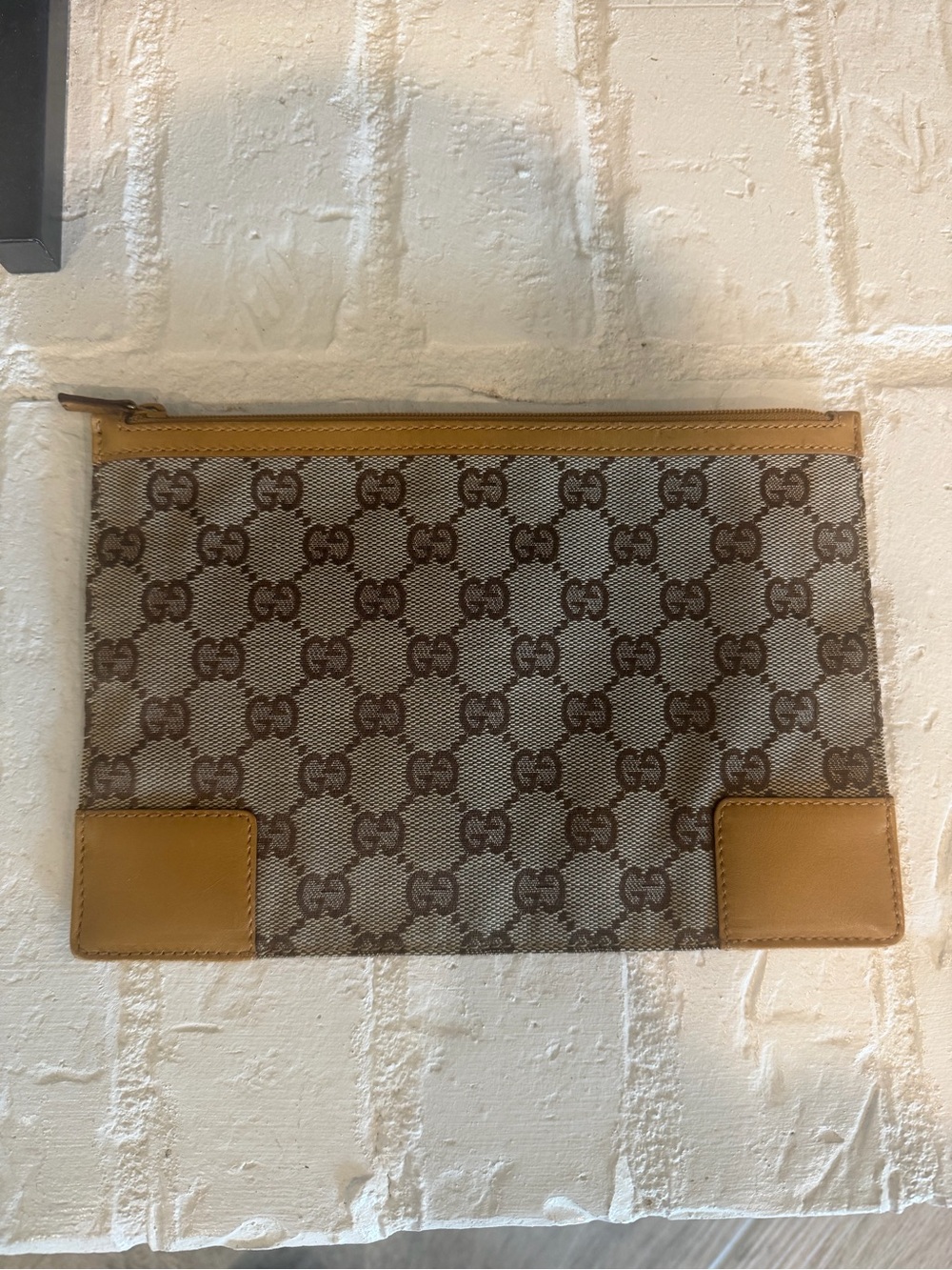 Gucci Beige & Brown GG Monogram Canvas Pouch with Tan Trim